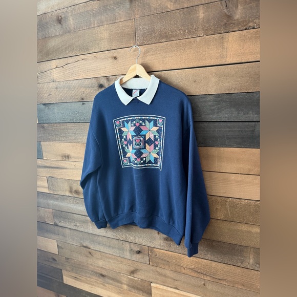 Vintage Jerzees Quilted Patchwork Sweatshirt Collared Pullover - Picture 3 of 8
